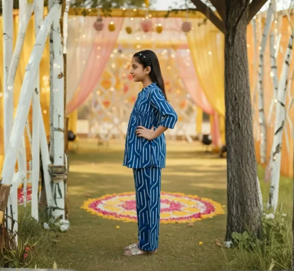 Dark blue girls cotton co-ord set side pose, trendy and relaxed outfit for everyday wear