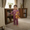 Kids purple co-ord set full-length pose, comfortable and stylish nightwear for children