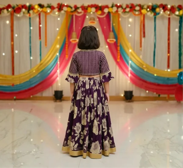 Purple lehenga choli for girls back view, stylish and comfortable festive outfit
