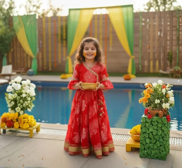 Red lehenga choli for girls candid shot, natural and comfortable festive wear