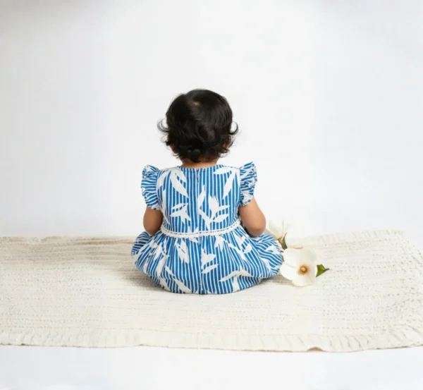 Blue cotton infant frock back view, soft and comfortable baby outfit