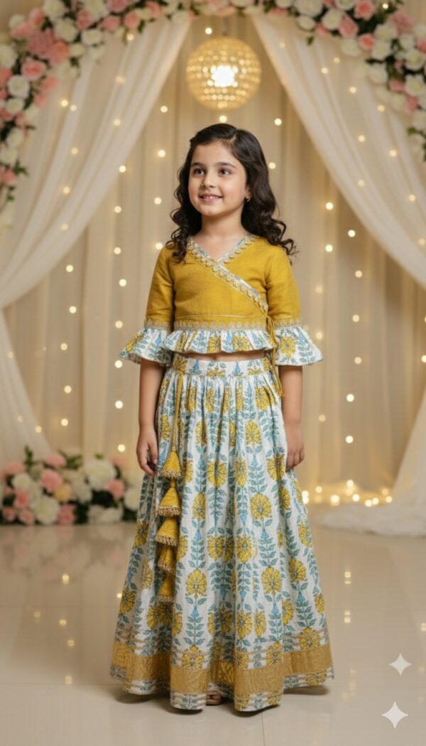 Girls lehenga choli full outfit view, complete ethnic wear set for festive occasions