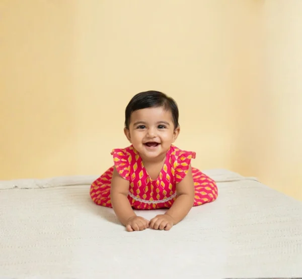 Rani pink cotton infant frock candid shot, cozy and stylish baby clothing