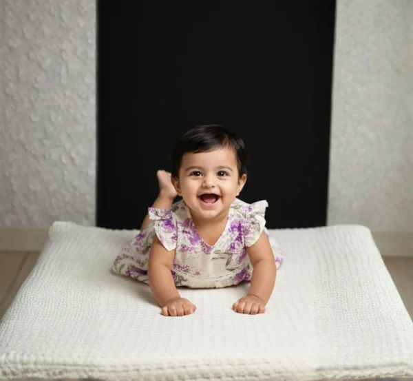 White cotton infant frock candid shot, natural and comfortable baby clothing