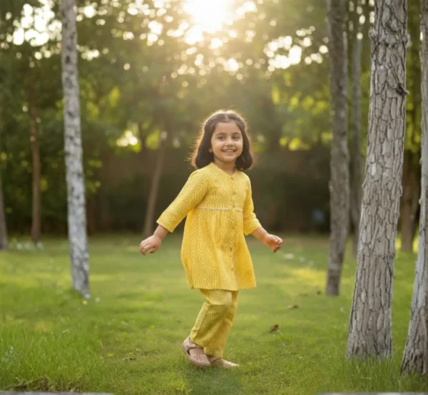 Yellow girls cotton co-ord set lifestyle candid shot, relaxed and breathable outfit