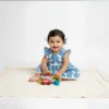 Blue cotton infant frock full length view, soft and breathable baby outfit