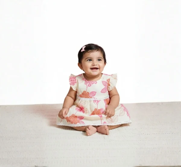 Cream cotton infant frock catalog image, stylish and comfortable baby outfit