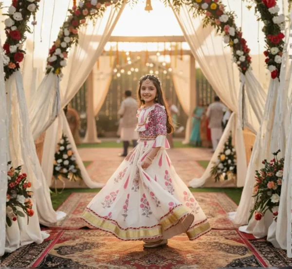 Cream lehenga choli for girls side view, traditional and well-fitted festive wear