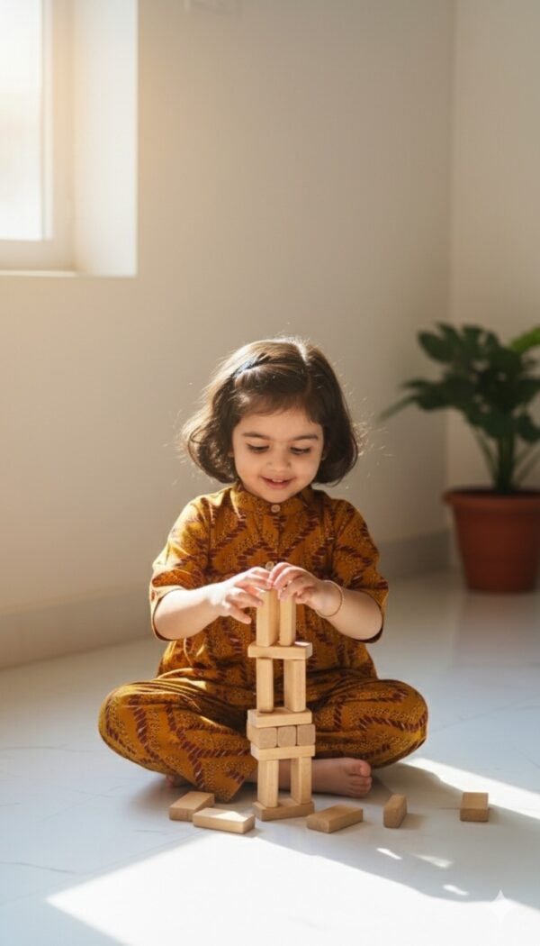 Mustard girls cotton co-ord set full outfit view, complete stylish outfit for kids