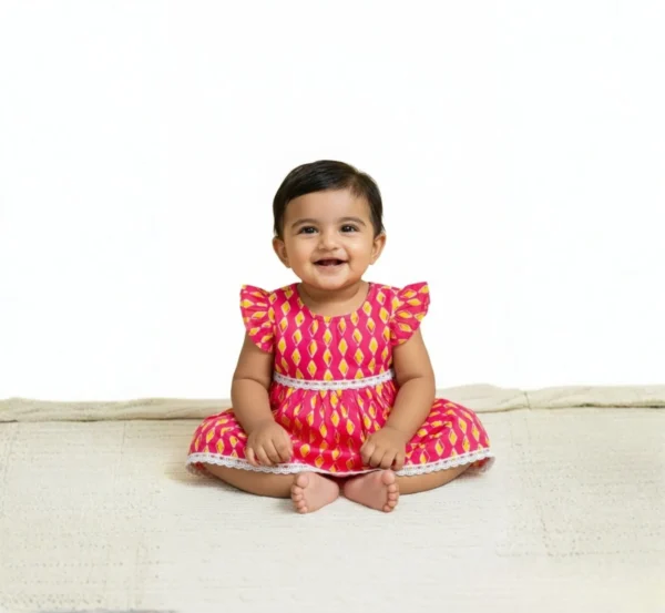 Rani pink cotton infant frock catalog image, soft and elegant baby outfit