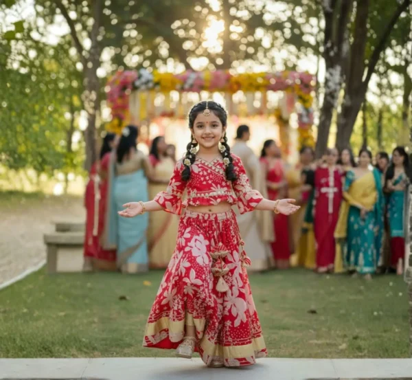 Red lehenga choli for girls front view, elegant and traditional ethnic wear