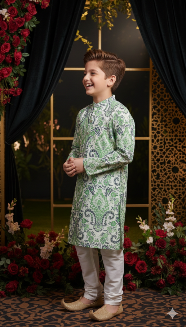 Boys kurta pajama design detail close-up, showcasing fabric texture and pattern