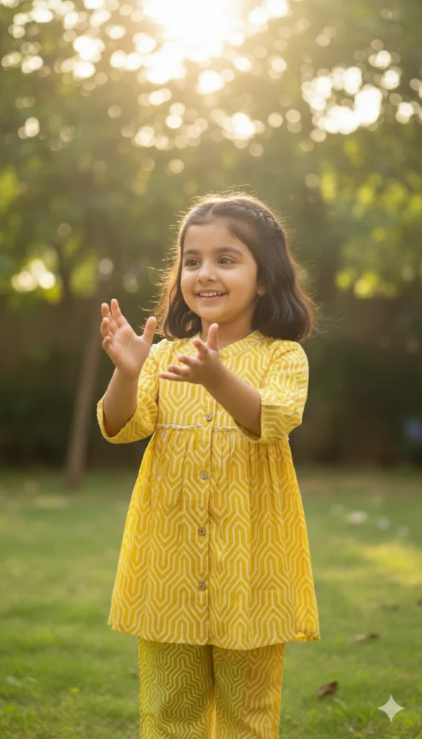 Yellow girls cotton co-ord set front view, stylish and comfortable outfit for kids