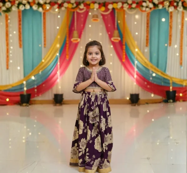 Purple lehenga choli for girls smiling front view, festive and elegant ethnic wear