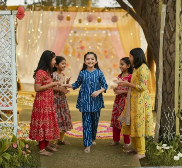 Dark blue girls cotton co-ord set playful pose, fun and flexible kids outfit