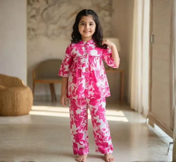 Pink floral girls cotton co-ord set full length pose, trendy and comfortable kids outfit