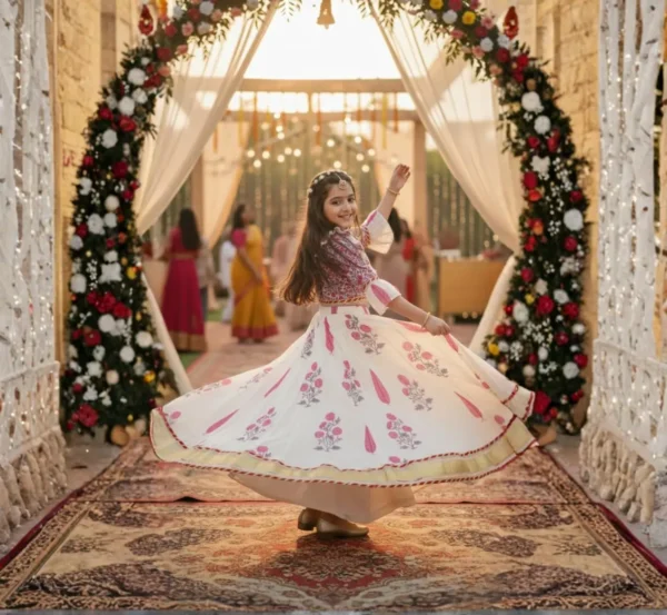 Cream lehenga choli for girls twirl pose, elegant and festive ethnic wear