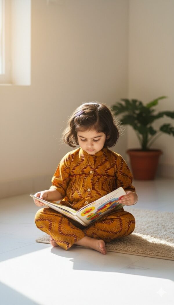 Mustard girls cotton co-ord set front view, stylish and comfortable outfit for kids