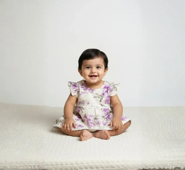 White cotton infant frock catalog image, elegant and soft baby outfit