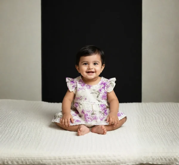 White cotton infant frock smiling baby, cozy and breathable baby wear