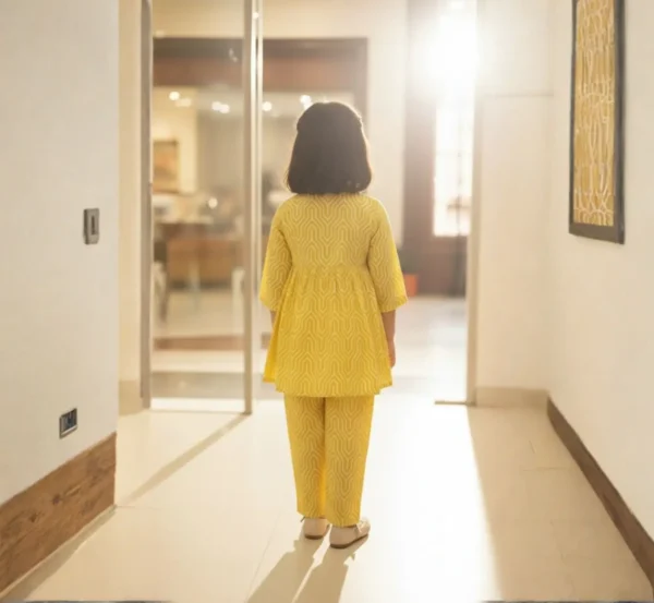 Yellow girls cotton co-ord set back view, soft and trendy outfit for kids