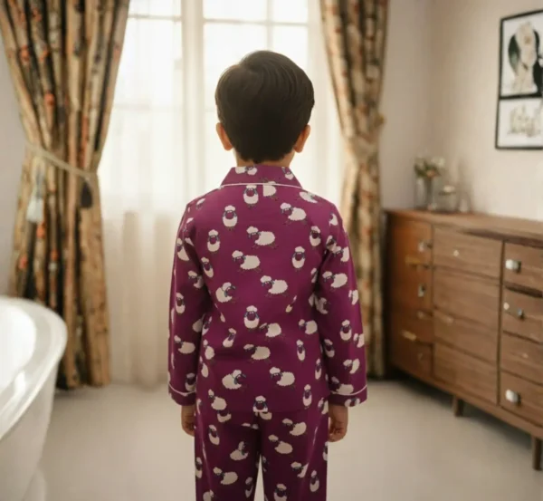 Purple kids cotton co-ord set back view, comfortable and breathable nightwear