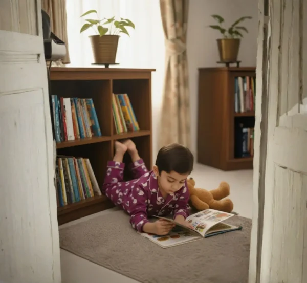 Purple kids cotton co-ord set lifestyle candid shot, relaxed and soft nightwear