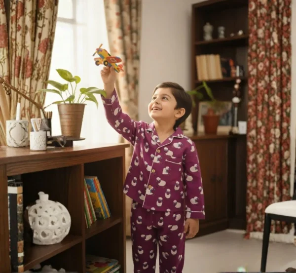 Purple kids cotton co-ord set playful pose, fun and breathable sleepwear