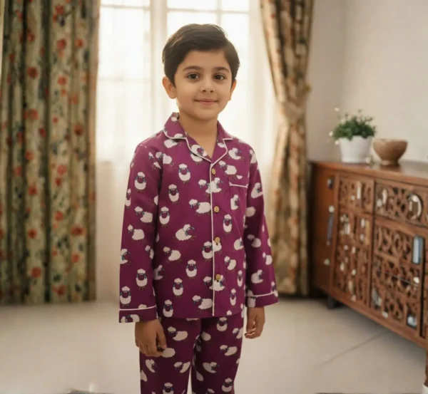 Purple kids cotton co-ord set profile view, soft and comfortable nightwear for kids