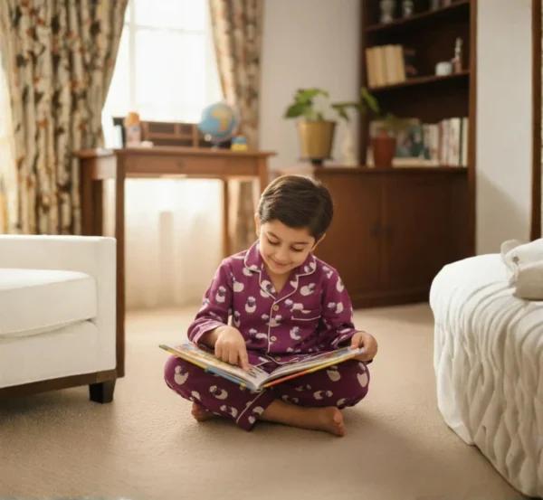 Purple kids cotton co-ord set side pose, trendy and relaxed kids sleepwear