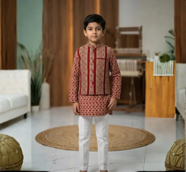 Trendy Maroon Boys Kurta Pajama with Jacket for Special Occasions