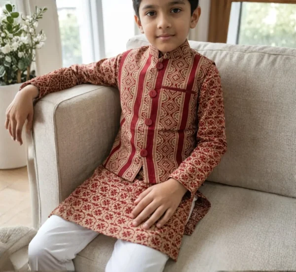 Trendy Maroon Boys Kurta Pajama with Jacket for Special Occasions hover view