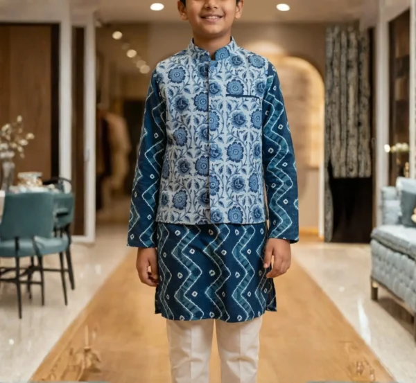 Comfortable Blue Kurta Pajama Set with Jacket for Boys