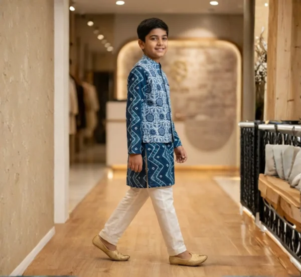 Comfortable Blue Kurta Pajama Set with Jacket for Boys hover view