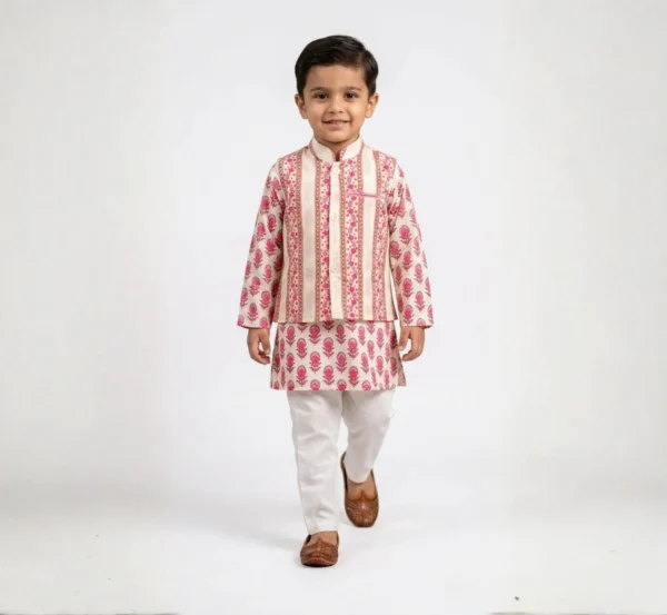 Elegant Cream Boys Kurta Pajama with Jacket for Festive Occasions hover view