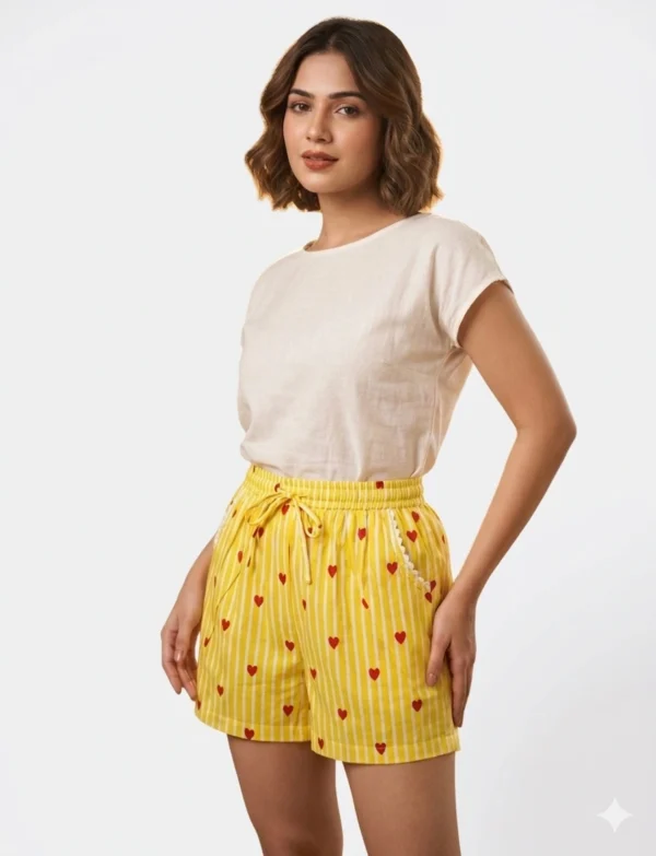 Comfortable Yellow Cotton Women’s Shorts for Daily Use hover view