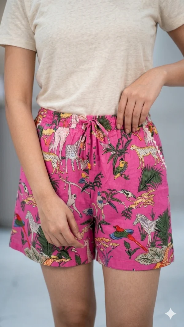 Stylish Pink Jungle Cotton Shorts for Women Everyday Wear