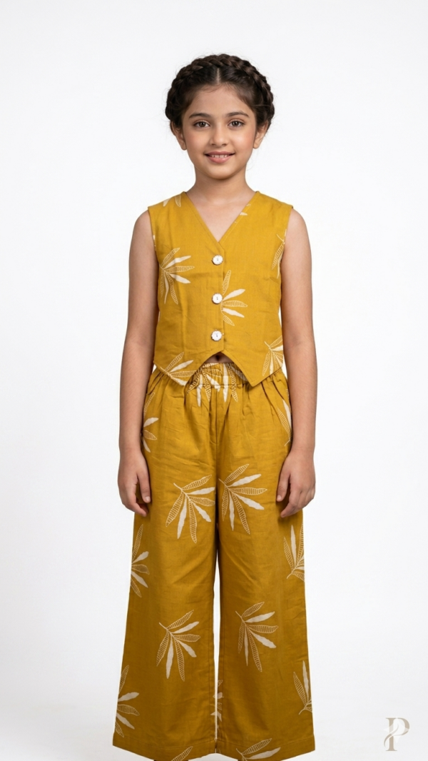Trendy Mustard Yellow Girls Vest Coat in Pure Cotton Fabric hover view