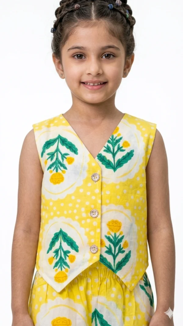 Trendy Yellow Girls’ Vest Coat in Pure Cotton Fabric hover view