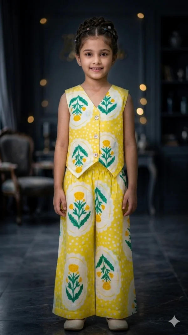 Trendy Yellow Girls’ Vest Coat in Pure Cotton Fabric