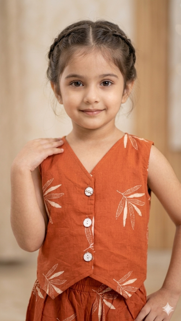 Trendy Rust Girls Vest Coat in Pure Cotton Fabric