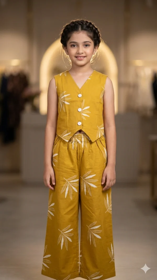 Trendy Mustard Yellow Girls Vest Coat in Pure Cotton Fabric