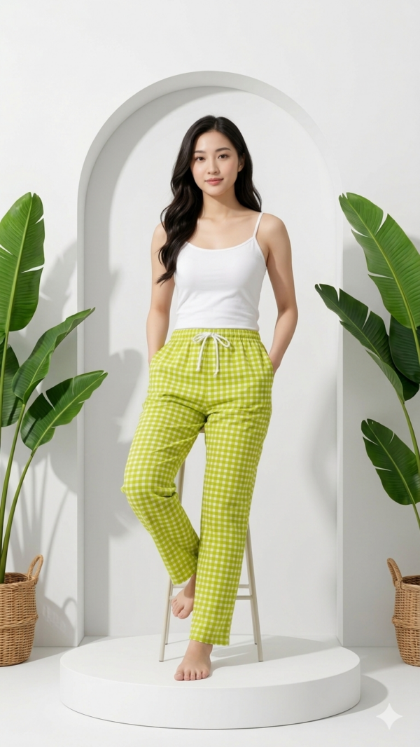 Premium Cotton Women’s Pajama with Timeless Green Checks Pattern
