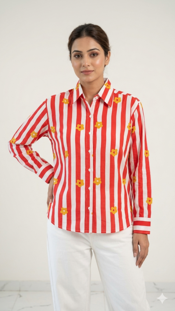 Premium Women’s Shirt Featuring a Timeless Red Stripe Pattern hover view
