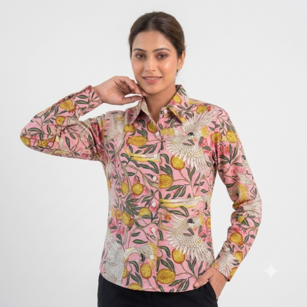 Cotton Women’s Puff Sleeve Shirt in Baby Pink for Comfort and Style