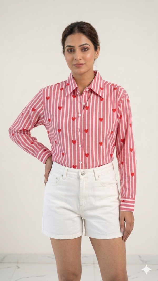 Comfortable Pink Heart Stripe Women’s Shirt for All-Day Wear hover view
