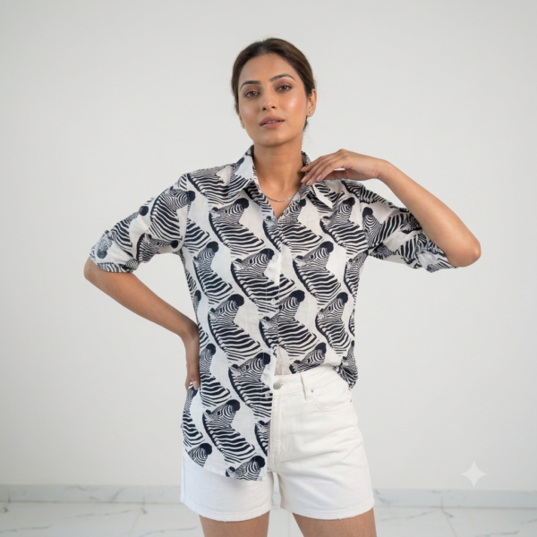 Trendy White Zebra Women’s Shirt with Elegant Puff Sleeve Design hover view
