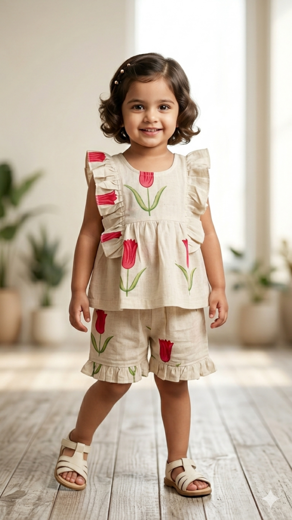 Premium Girls Cord Set in Cream Cotton for Modern Kids Fashion hover view
