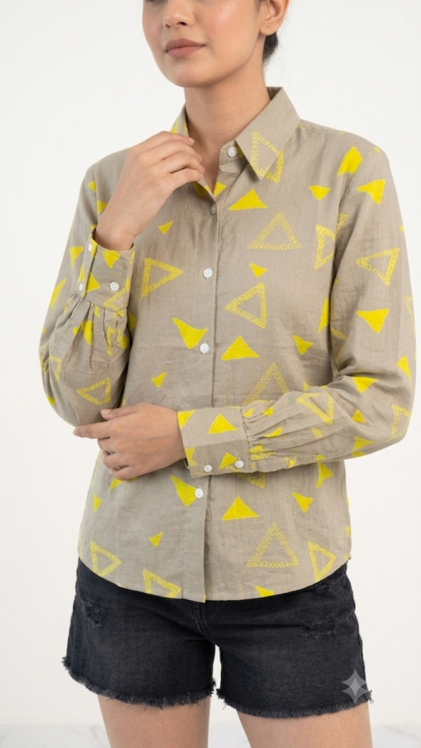Trendy Light Grey Women’s Shirt with Fashionable Puff Sleeve Design hover view
