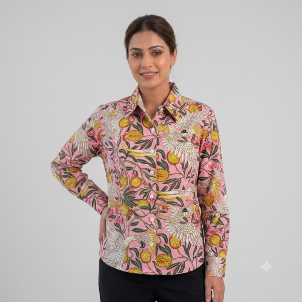 Cotton Women’s Puff Sleeve Shirt in Baby Pink for Comfort and Style hover view